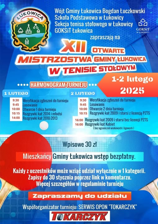 Plakat turnieju XII Otwarte Mistrzostwa Gminy Łukowica w tenisie stołowym